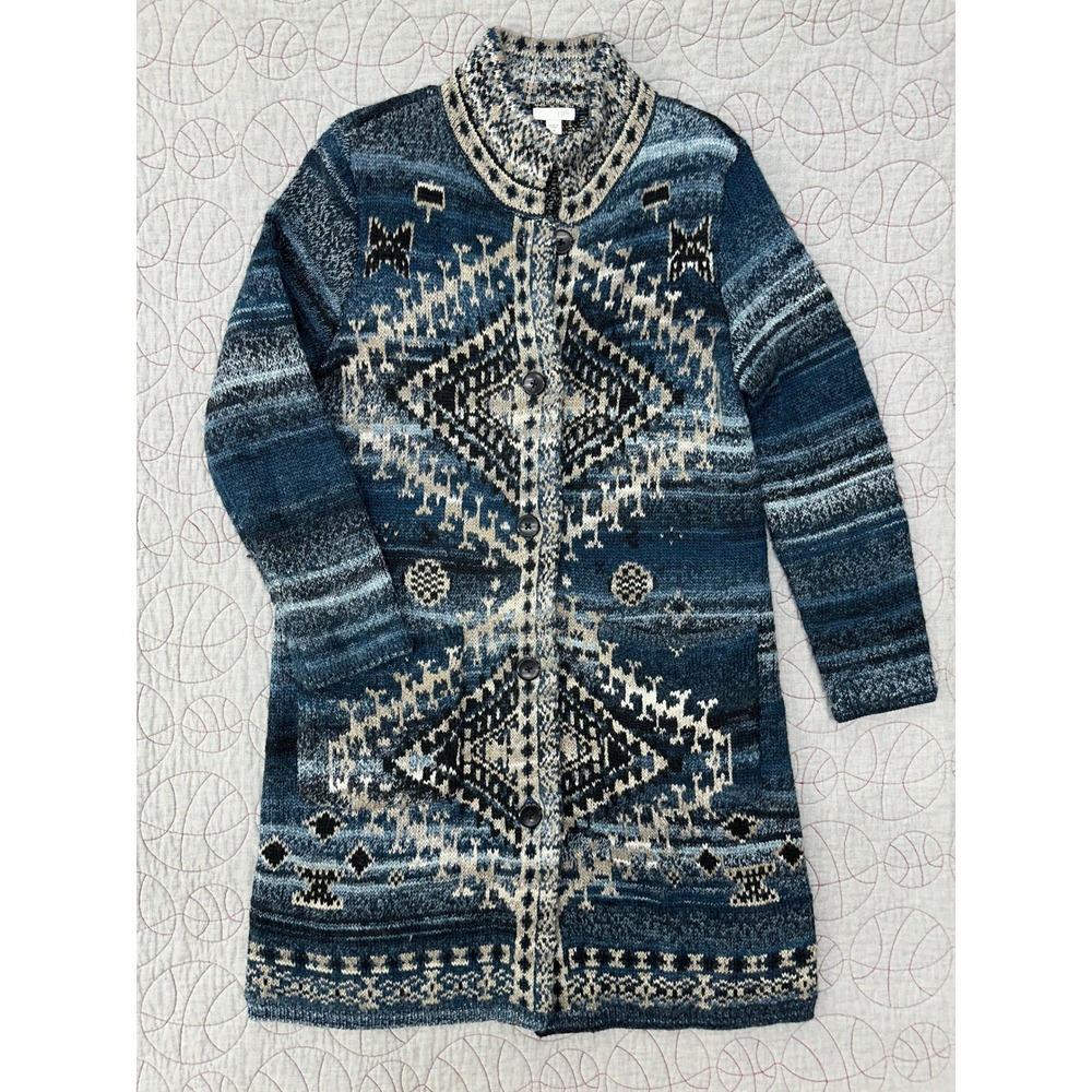 J. Jill Cardigan Sweater‎ Blue Geometric Southwestern Longline / Women's Medium